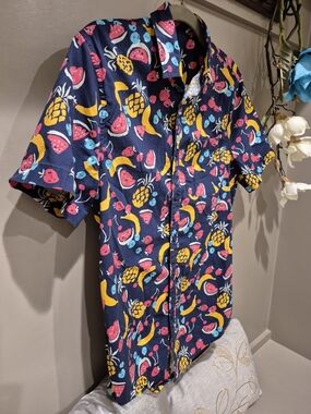 Men's S Nordstrom Navy Tropical Print Short-Sleeve Collared Button-down Shirt